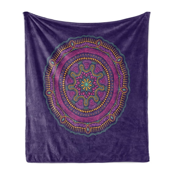 Yoga Soft Flannel Fleece Throw Blanket, Ornament Mandala Round on Purple Background Bohemian Hippie Motif, Cozy Plush for Indoor and Outdoor Use, 50" x 60", Multicolor, by Ambesonne