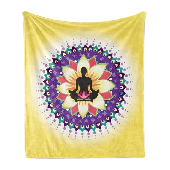 Yoga Soft Flannel Fleece Throw Blanket, Round Circle for Yoga Lotus Sitting Posture Peaceful Mind Workout Print, Cozy Plush for Indoor and Outdoor Use, 50" x 60", Yellow Purple Black, by Ambesonne