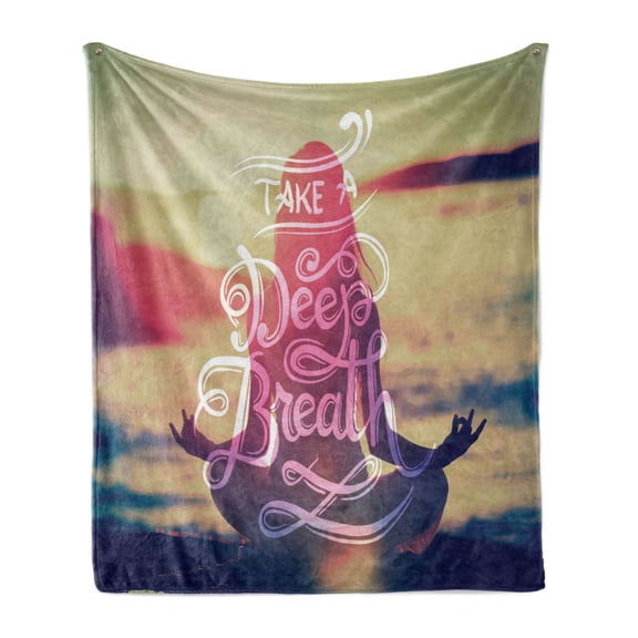 Yoga Soft Flannel Fleece Throw Blanket, Woman on Tranquil Summer Beach Meditating Peaceful Calm Sunset Motivation Phrase, Cozy Plush for Indoor and Outdoor Use, 70" x 90", Multicolor, by Ambesonne