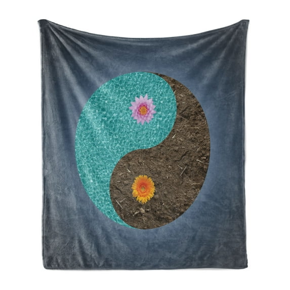 Yoga Soft Flannel Fleece Throw Blanket, Yin Yang with Flowers Peace Balance Earth Opposite Contrary Forces Art, Cozy Plush for Indoor and Outdoor Use, 50" x 60", Slate Blue Turquoise, by Ambesonne