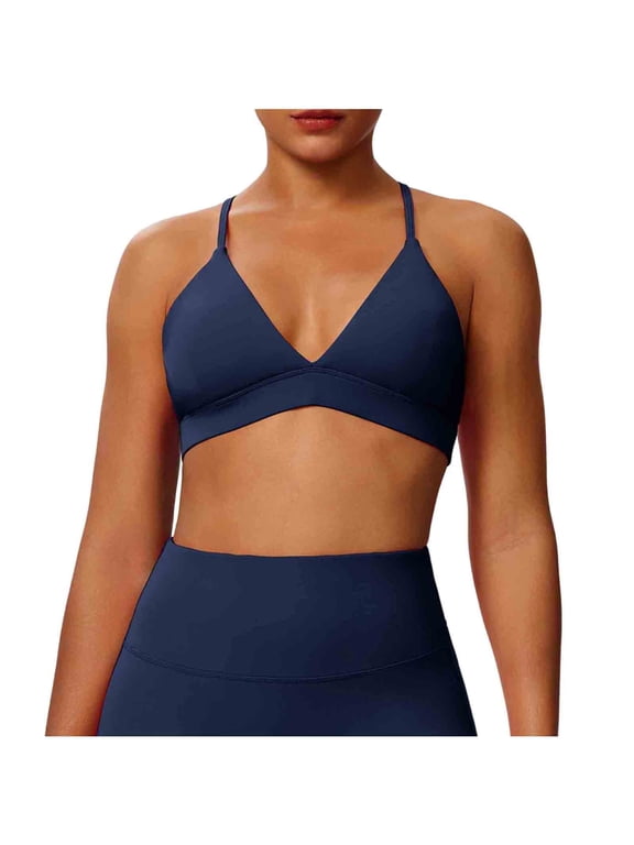 Yoga Sports Bra for Women Cross Back Spaghetti Straps Sport Bras Quick Dry Removable Cup Backless Bralettes Navy 36BC