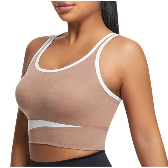 Yoga Sports Bras for Women Color Block Keyhole Cross Back Pushup High Support Bras Gather Padded Wireless Bralettes, Brown, S