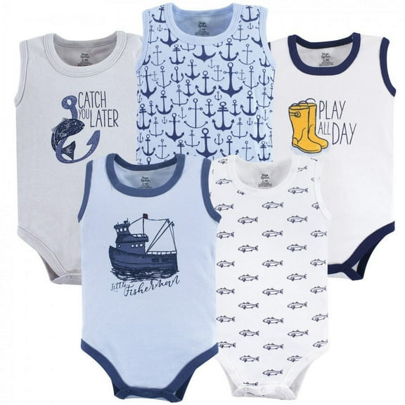 Yoga Sprout Baby Boy Cotton Bodysuits 5pk, Fisherman, 3-6 Months