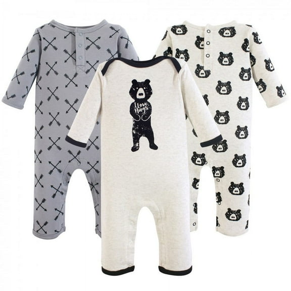 Yoga Sprout Baby Boy Cotton Coveralls 3pk, Bear Hugs, 0-3 Months