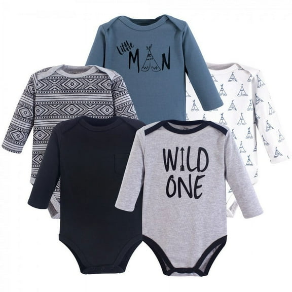 Yoga Sprout Baby Boy Cotton Long-Sleeve Bodysuits 5pk, Wild One, 3-6 Months