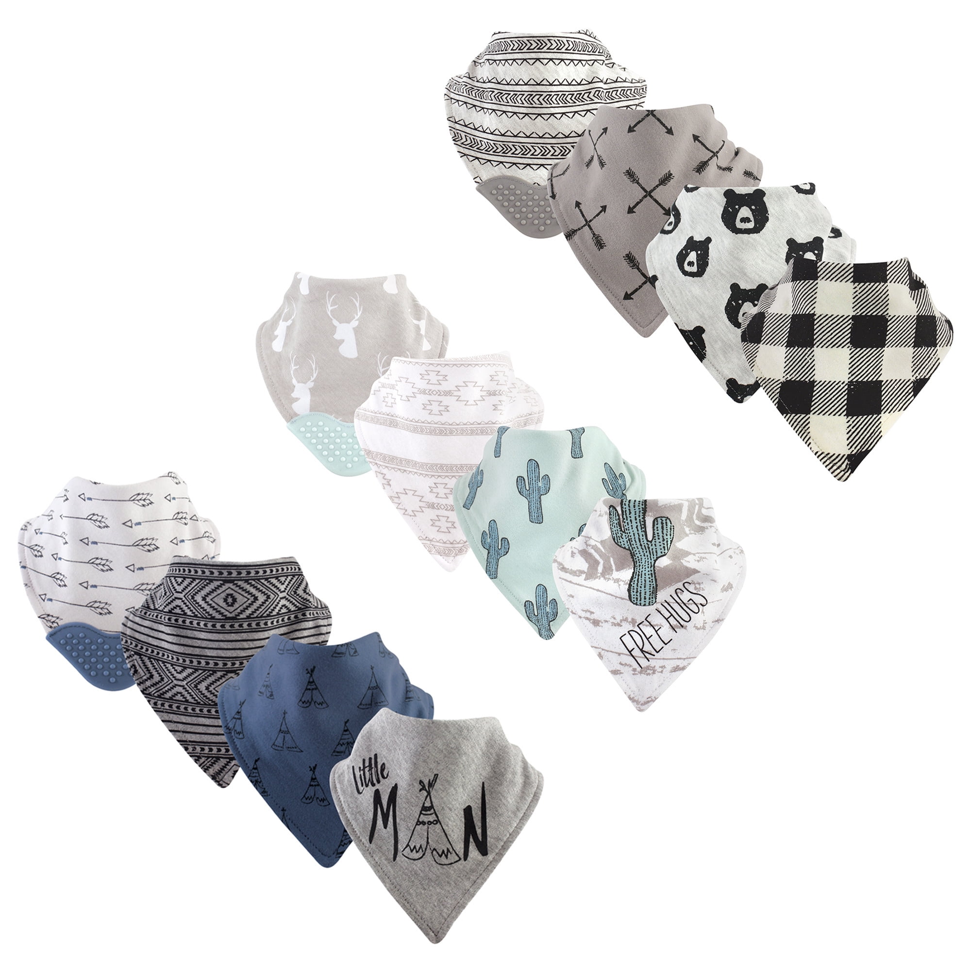 Yoga Sprout Baby Boy and Girl Bandana Bib with Teether, 12 Pack, Little Man, Free Hugs, and Bear Hugs