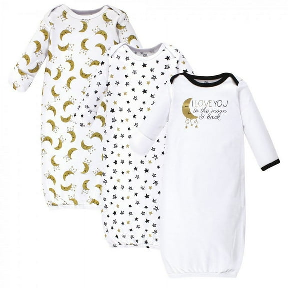 Yoga Sprout Baby Cotton Long-Sleeve Gowns 3pk, Metallic Moon, Preemie