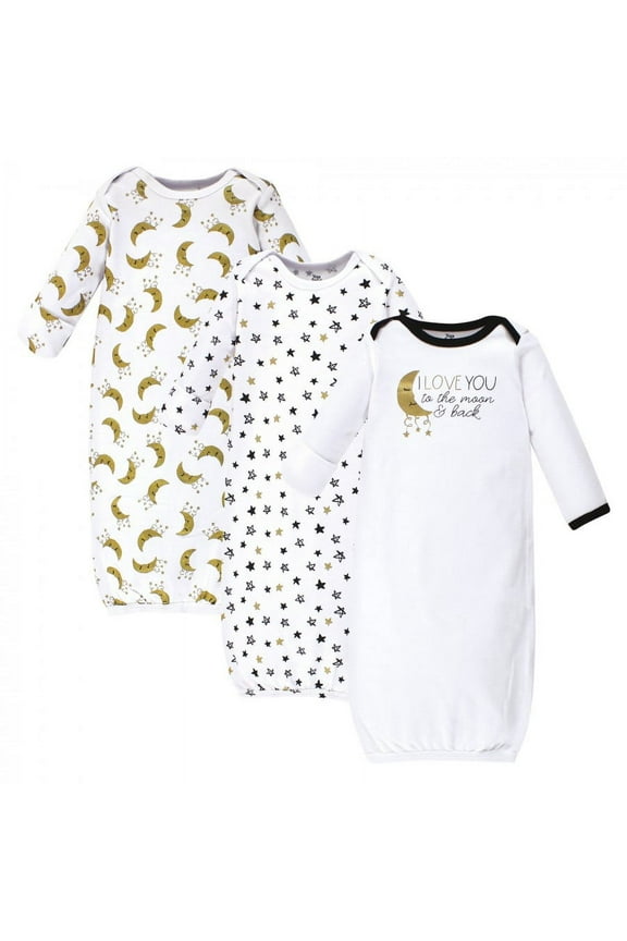 Baby Cotton Long-Sleeve Gowns 3pk, Metallic Moon, Preemie