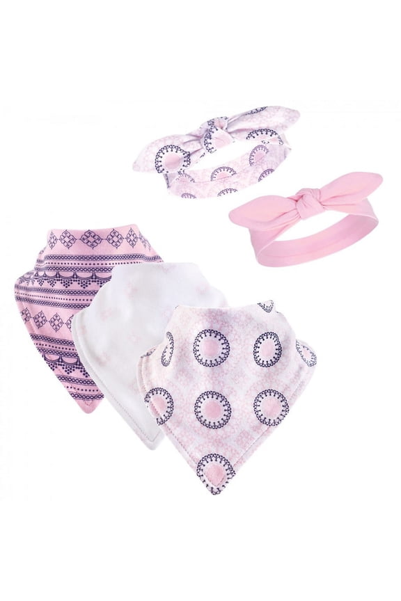 Baby Girl Cotton Bandana Bibs and Headbands 5pk, Ornamental, One Size