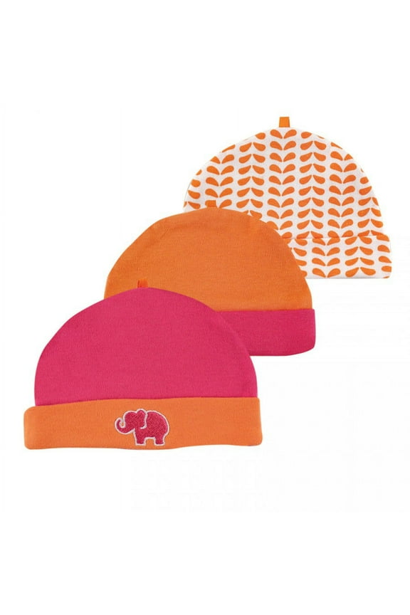 Baby Girl Cotton Caps 3pk, Pink Elephant, 0-6 Months