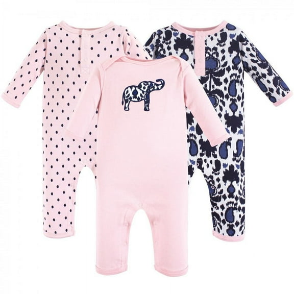 Yoga Sprout Baby Girl Cotton Coveralls 3pk, Ikat Elephant, 3-6 Months