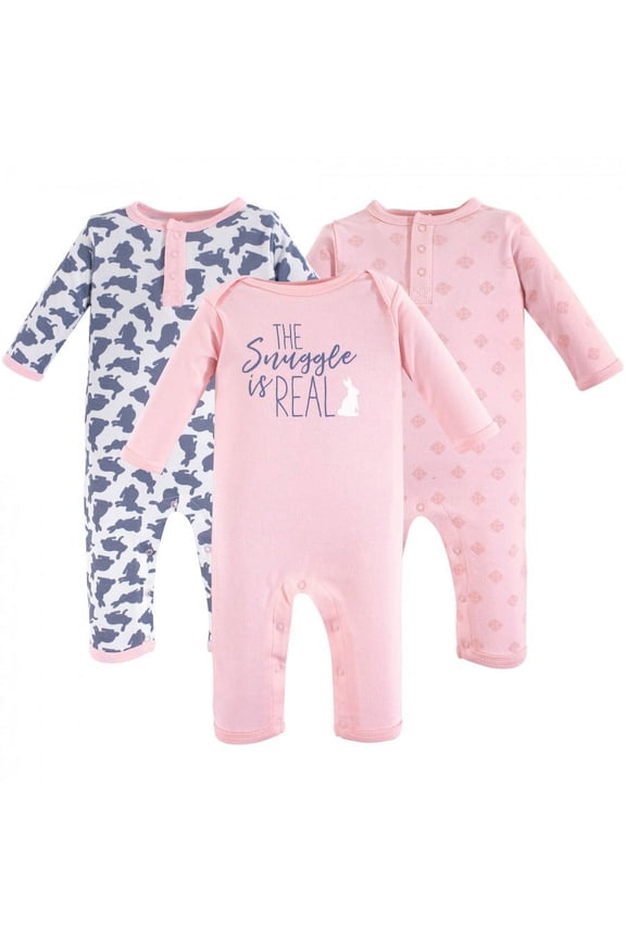 Baby Girl Cotton Coveralls 3pk, Snuggle Bunny, 0-3 Months