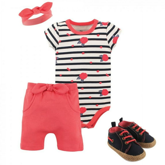 Yoga Sprout Baby Girl Cotton Layette and Shoe 4pc Set, Wild Floral, 9-12 Months