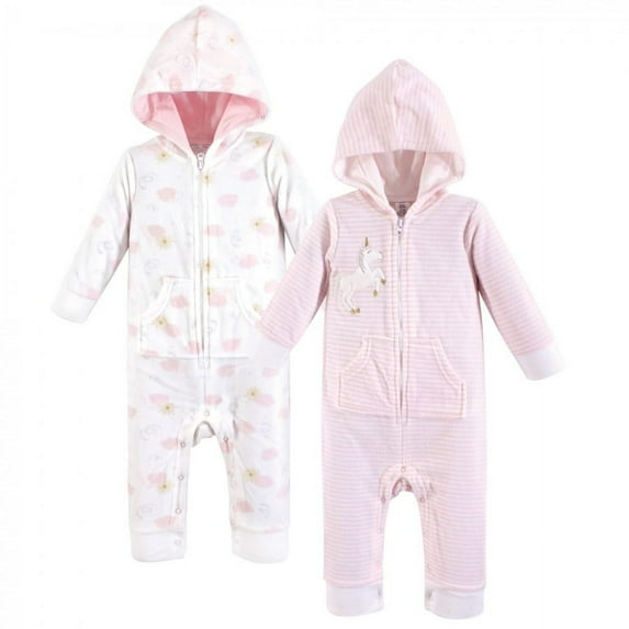Yoga Sprout Baby Girl Hooded Fleece Jumpsuits 2pk, Unicorn, 6-9 Months
