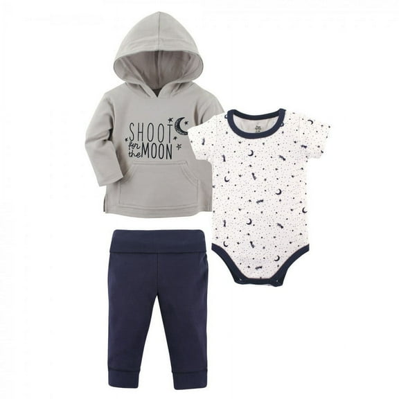 Yoga Sprout Baby and Toddler Boy Cotton Hoodie, Bodysuit or Tee Top, and Pant, Moon Baby, 0-3 Months