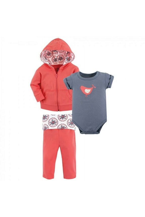 Baby and Toddler Girl Cotton Hoodie, Bodysuit or Tee Top, and Pant, Bloom Baby, 3-6 Months