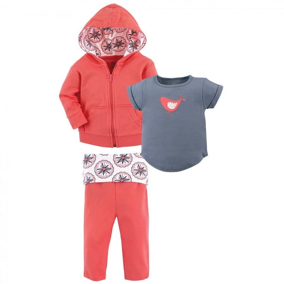 Yoga Sprout Baby and Toddler Girl Cotton Hoodie, Bodysuit or Tee Top, and Pant, Bloom Toddler, 3 Toddler