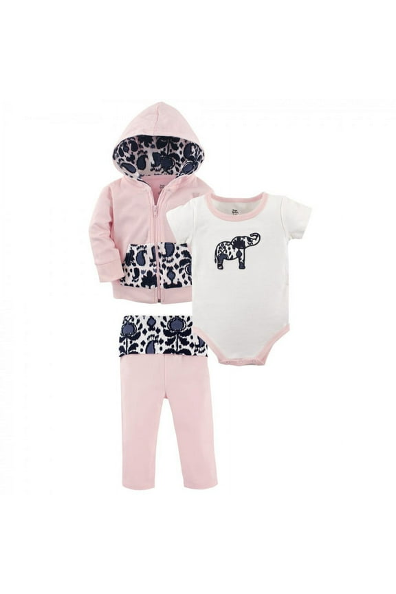 Baby and Toddler Girl Cotton Hoodie, Bodysuit or Tee Top, and Pant, Ikat Elephant Baby, 12-18 Months