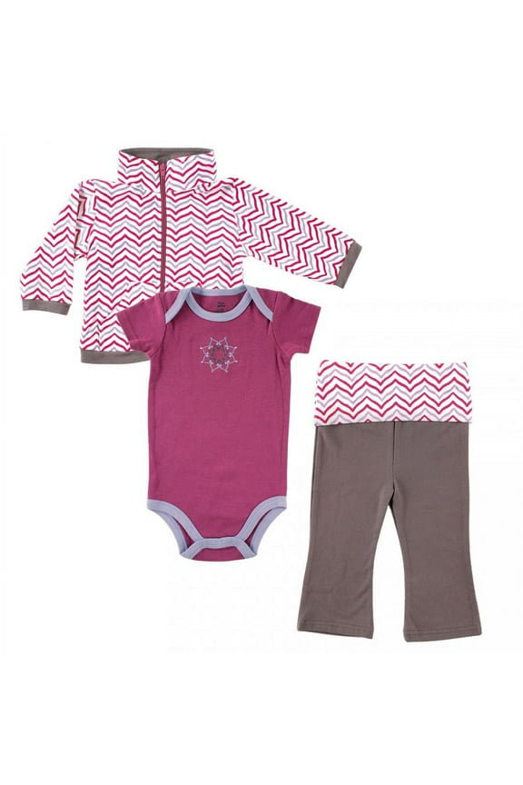 Baby and Toddler Girl Cotton Hoodie, Bodysuit or Tee Top, and Pant, Lotus Baby, 0-3 Months