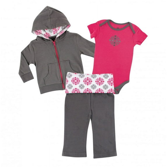 Yoga Sprout Baby and Toddler Girl Cotton Hoodie, Bodysuit or Tee Top, and Pant, Medallion Baby, 0-3 Months