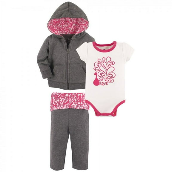 Yoga Sprout Baby and Toddler Girl Cotton Hoodie, Bodysuit or Tee Top, and Pant, Peacock Baby, 18-24 Months