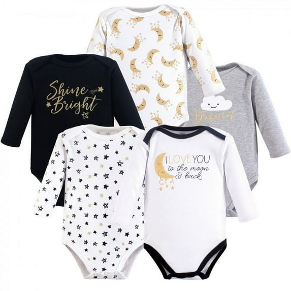 Yoga Sprout Cotton Long-Sleeve Bodysuits 5pk, Metallic Moon, 9-12 Months