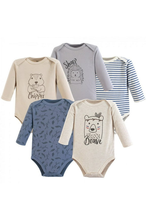 Cotton Long-Sleeve Bodysuits 5pk, Wild Woodland, 6-9 Months