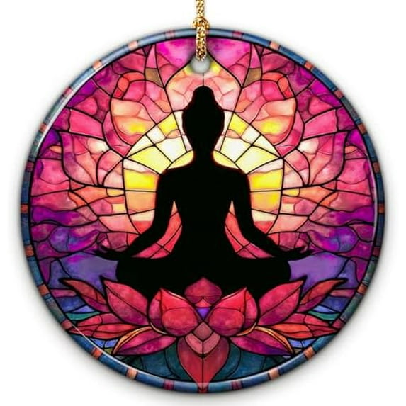 Yoga Stained Glass Ornaments - Meditation Ornament, Peaceful Spiritual Decoration - Lotus Flower Yoga Decor, Healthy Life Inspired, Xmas Gift for Yoga Lovers, Coach, Women