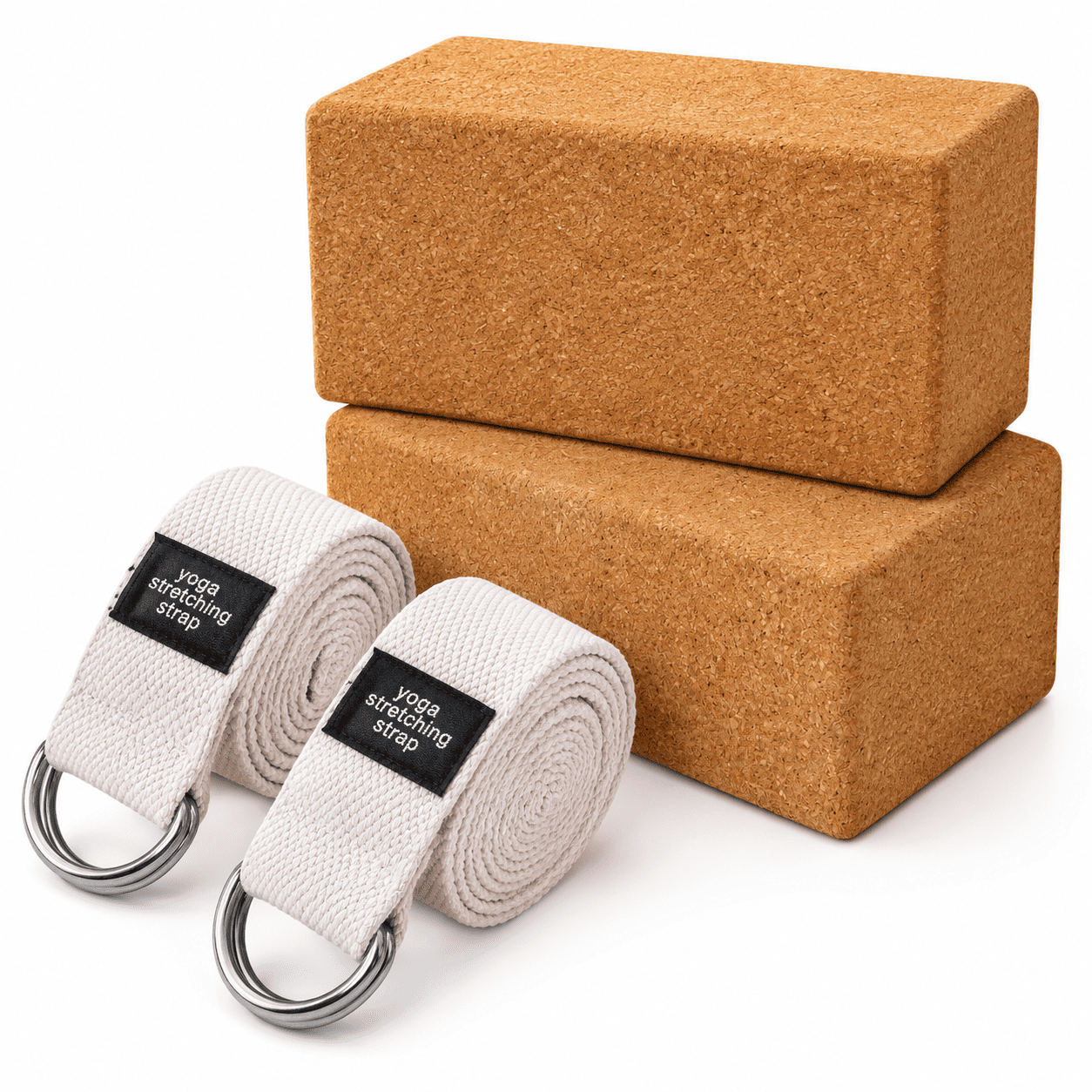 Yoga Starter Kit with 2 Cork Blocks and 2 Cotton Straps for Pilates and ...