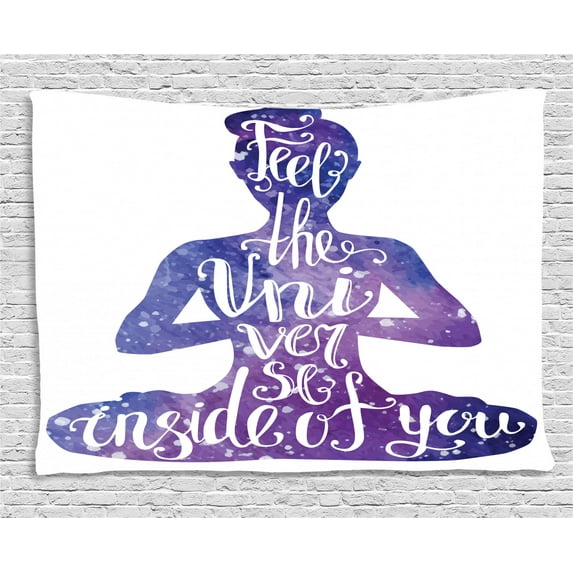 Yoga Tapestry, Female Silhouette with Watercolor Space Design Inspirational Quote Meditation, Wall Hanging for Bedroom Living Room Dorm Decor, 60W X 40L Inches, Violet and White, by Ambesonne