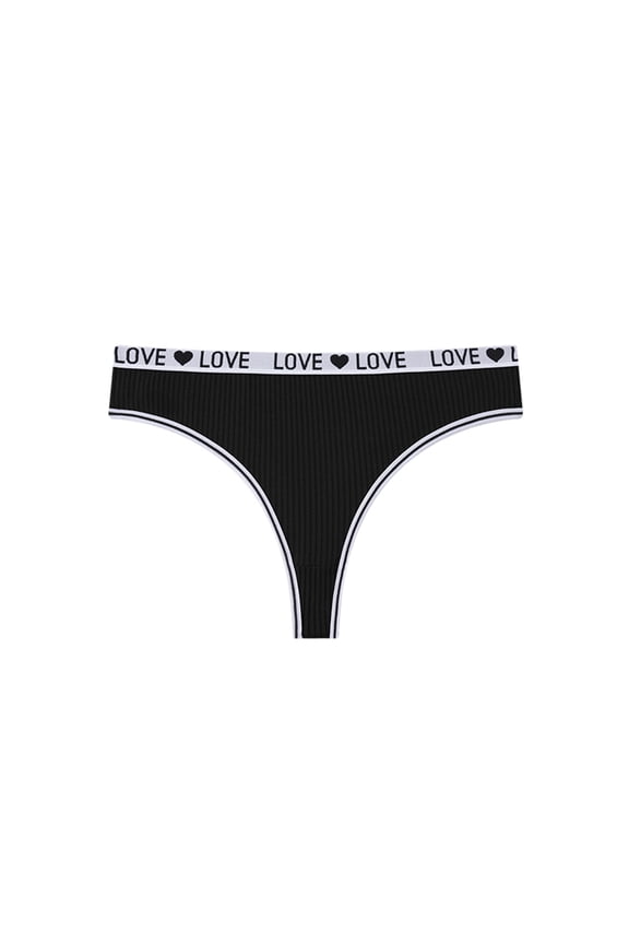 Yoga Thong with Lettered Waistband, Low Rise Seamless & Ribbed Detail, Cute & Sporty No-Show Underwear for Fitness, Lounge & Streetwear Styles Black M