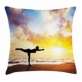 thumbnail image 1 of Yoga Throw Pillow Cushion Cover, Warrior Pose by Woman in Silhouette with Majestic Sunset Sky Virabhadrasana Practice, Decorative Square Accent Pillow Case, 18 X 18 Inches, Multicolor, by Ambesonne, 1 of 2