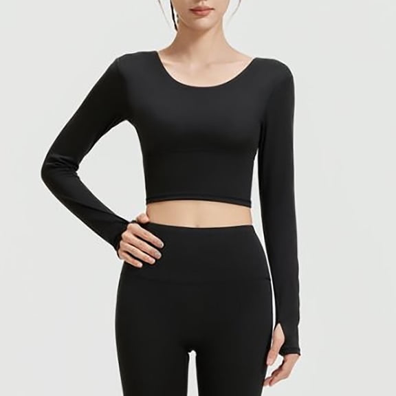 Yoga Tops For Women Crew Neck Long Sleeve Cropped Pullover Stretch Casual Sports Tunic Blouse Slim Fit (XL, Black)