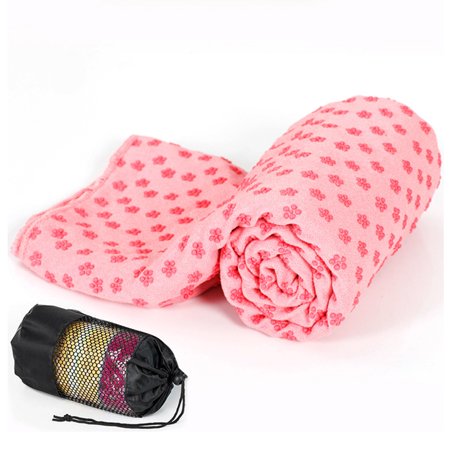 Yoga Towel, Hot Yoga Mat Towel, Cooling Towel Anti Slip Moisture Wicking Sweat Absorbent Microfiber Hot Yoga Towel with Stay-Put Corner Pockets, for Yoga, Pilates, Gym Fitness, Pink, COOSERRY