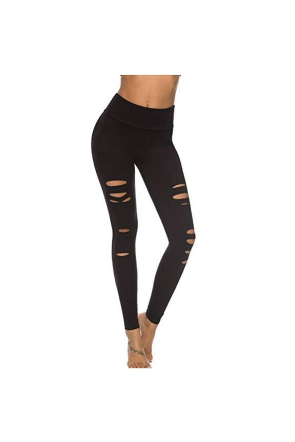 Yoga Training Leggings Women High Waist Yoga Pants Cutout Ripped Tummy Control Workout Running Yoga Skinny Leggings, Black