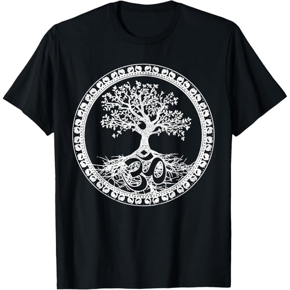Yoga Tree Nature Om Symbol Spiritual Buddha Buddhism T-ShirtMen's and women's gift, black and white T-shirt, size: Extra large S-4XL