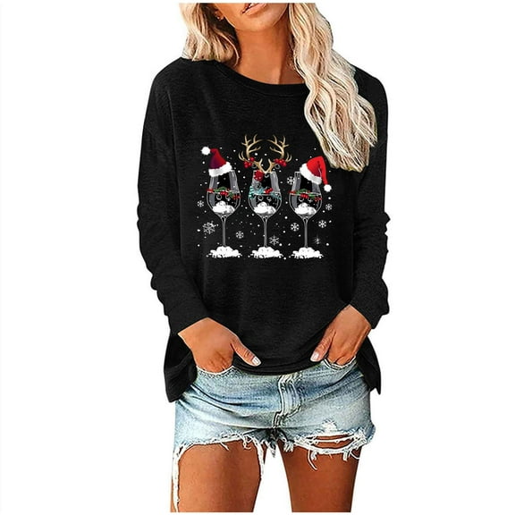 Yoga Tunic T Shirts Tops Women's Long Sleeve Xmas Tee Merry Christmas Shirts Vintage Graphic Tee Tops Holidays Crew-Neck Baseball T Shirt Blouse Womens Sweatshirts S-38 Black S