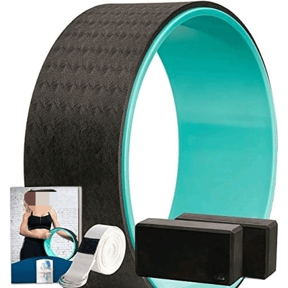 Yoga Wheel with Beginners Guide & Yoga Strap - Back Pain and Tension Relief. Comfy Roller for Stretching, Increase Flexibility. Home Exercise Kit. Ideal for Women Yogis. Improve your Posture.