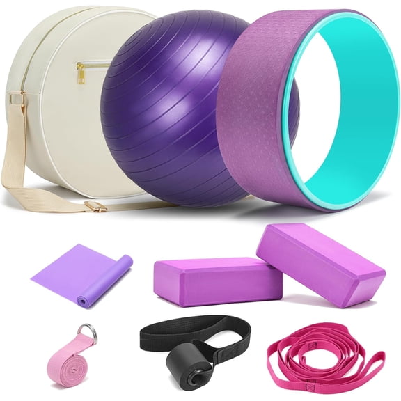 Yoga Wheel Set, Wheel Foam Roller for Back Pain & Stretching, Yoga Blocks 2 Pack with Strap, Trigger Point Therapy Massage Ball for Deep Tissue, 500lbs Capacity, Back Cracker Roller