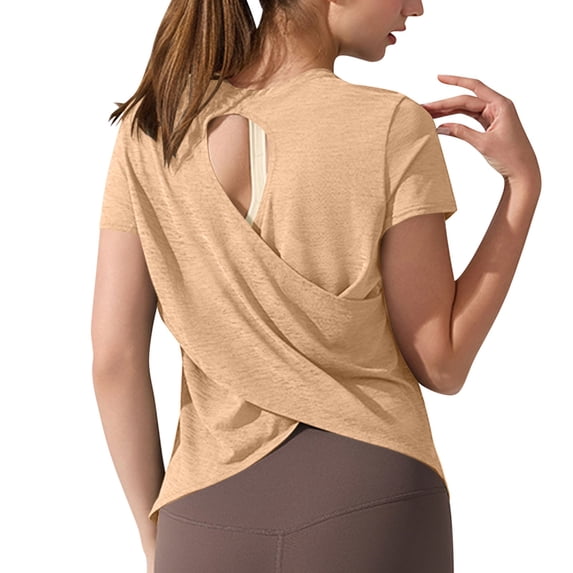 Yoga Workout Short Sleeve Tees for Women Crewneck Ruched Back Cutout Loose Tunic Tops Lightweight Quick Dry Athletic Shirts Activewear Khaki
