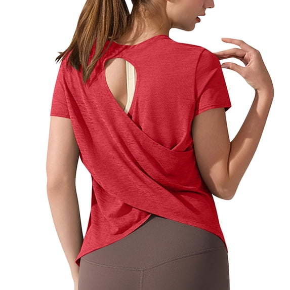 Yoga Workout Short Sleeve Tees for Women Crewneck Ruched Back Cutout Loose Tunic Tops Lightweight Quick Dry Athletic Shirts Activewear Red