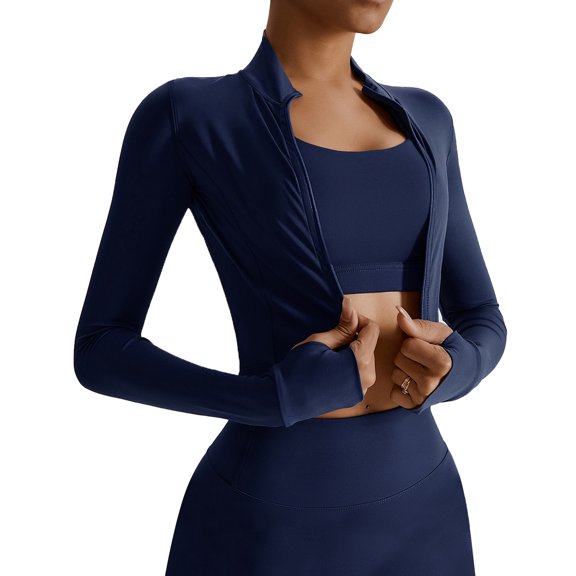 Yoga Zip Up Jacket for Women Lightweight Long Sleeve Running Jacket Slim Stretchy Workout Jackets Seamless Athletic Track Jacket with Thumb Hole Navy Blue X-Large