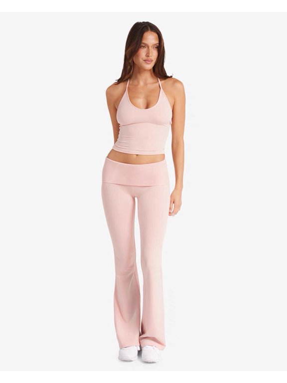 Yoga set for Women - Waistcoat with chest cushion, high-waisted, nude, quick-drying fitness flared pants, pink (medium size)