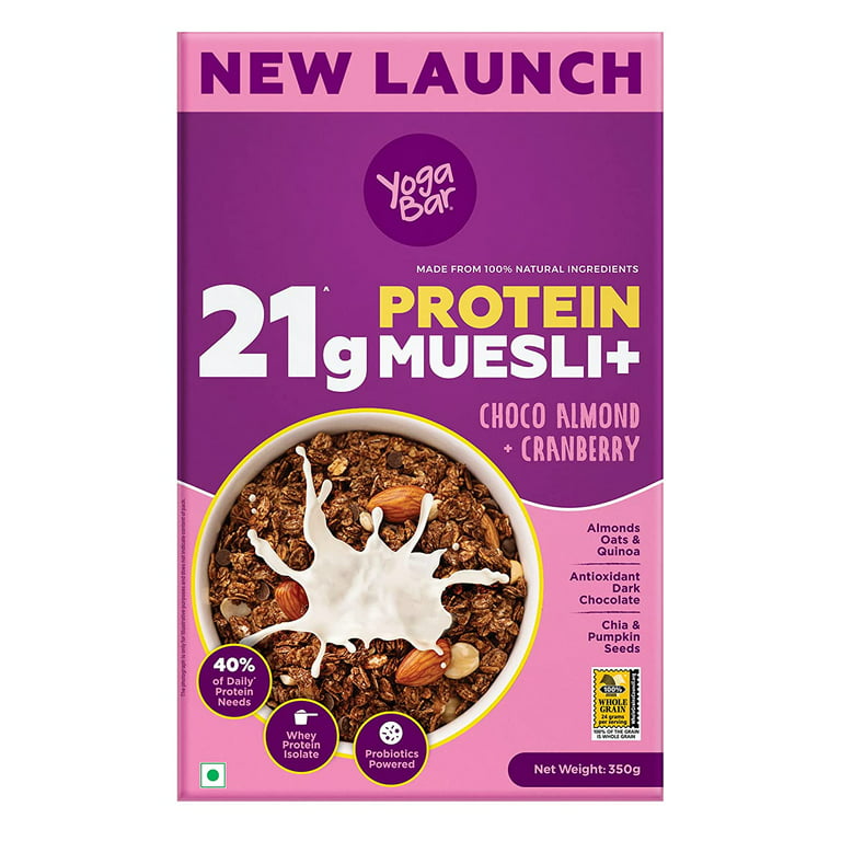 Yogabar High Protein Muesli - Choco Almond & Cranberry - 21g Protein Muesli  with Premium Whey Protein Isolate, Almonds & Probiotics - Gluten Free - All  Natural Protein Snacks 350g 
