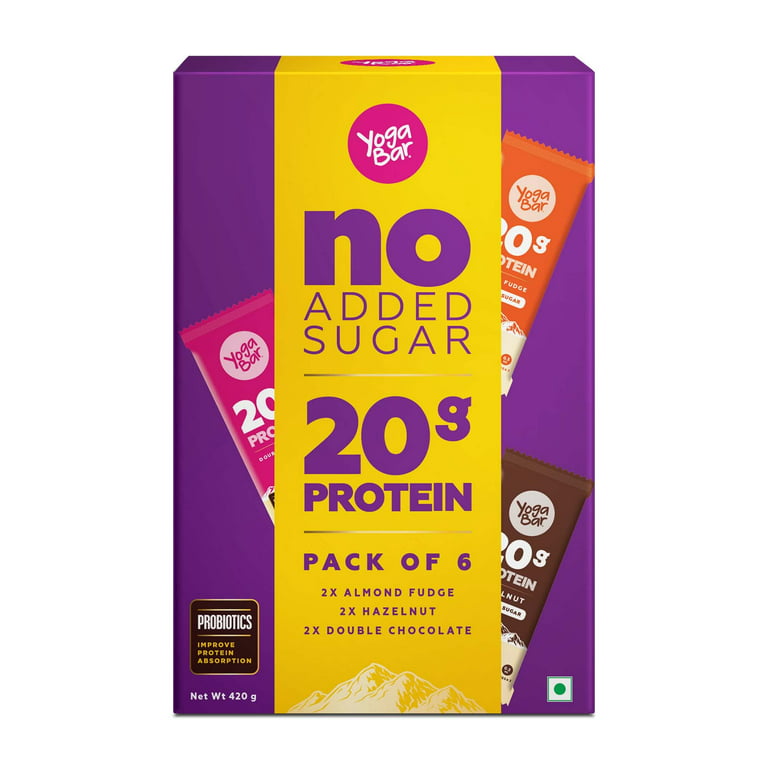Yogabar No Added Sugar 20G Protein Bars | High Protein & Energy Bars |  Added Probiotics & Whey | 20G Protein & 10G Fibre Nutrition Bars| Pack Of 6  X