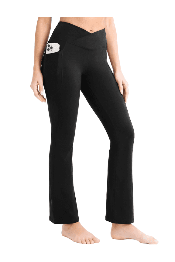 Flare Leggings for Women, High Rise V-Waist Crossover BLack Yoga Pants with Pockets Tummy Control, S-XXL