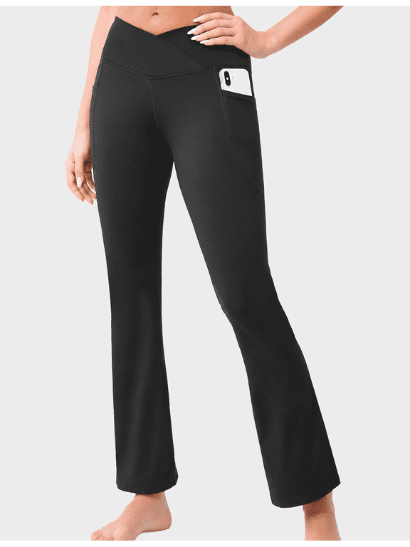 Petite Flare Leggings for Women, High Rise Crossover V-Waist Black Yoga Pants with Pockets, Tummy Control Bootcut Pants