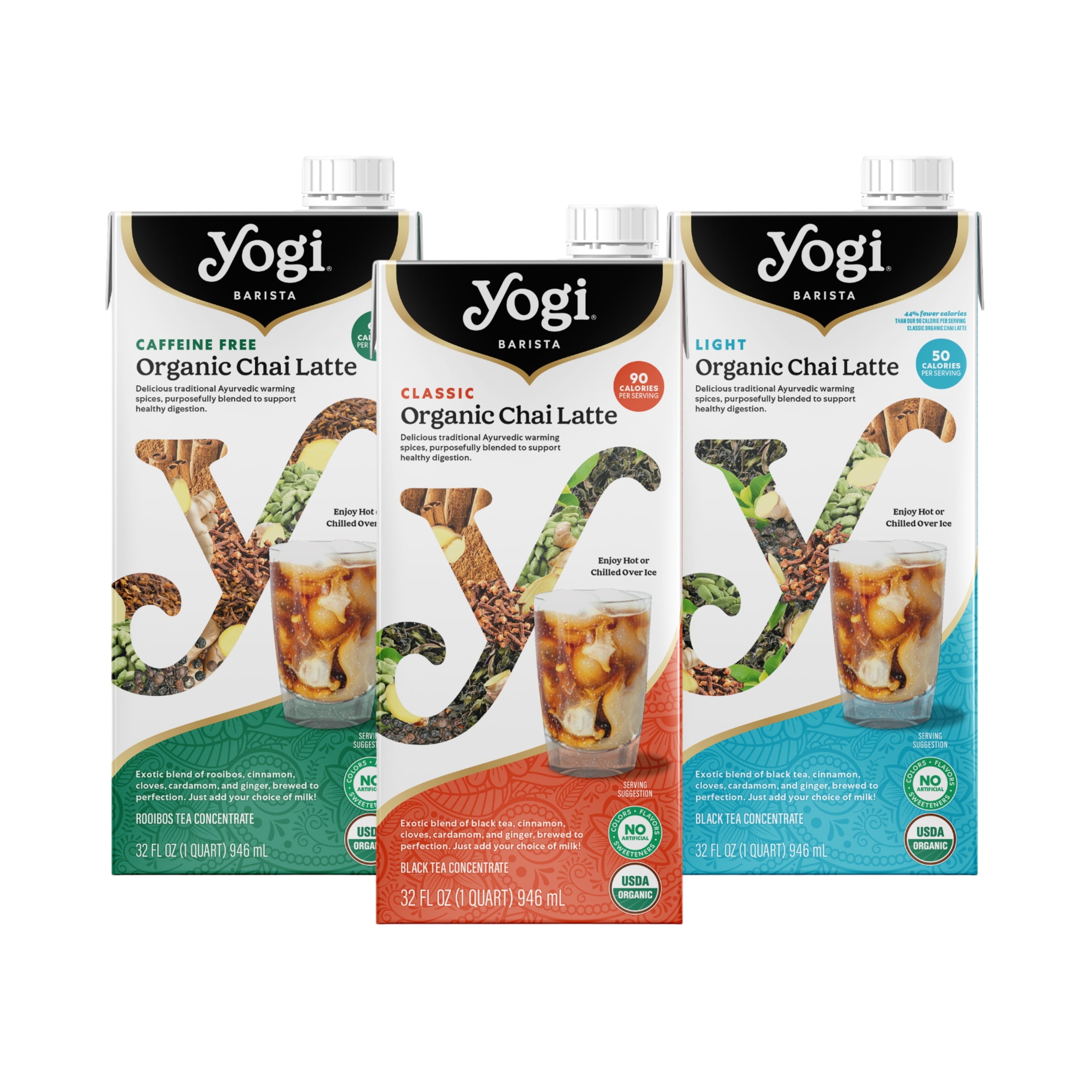 Yogi Barista Organic Chai Latte Tea Concentrate Variety Pack, 32 Fluid Oz (3 Pack)- Supports Healthy Digestion - Includes One Of Each Classic Chai Latte, Light Chai Latte and Caffeine-Free Chai Latte