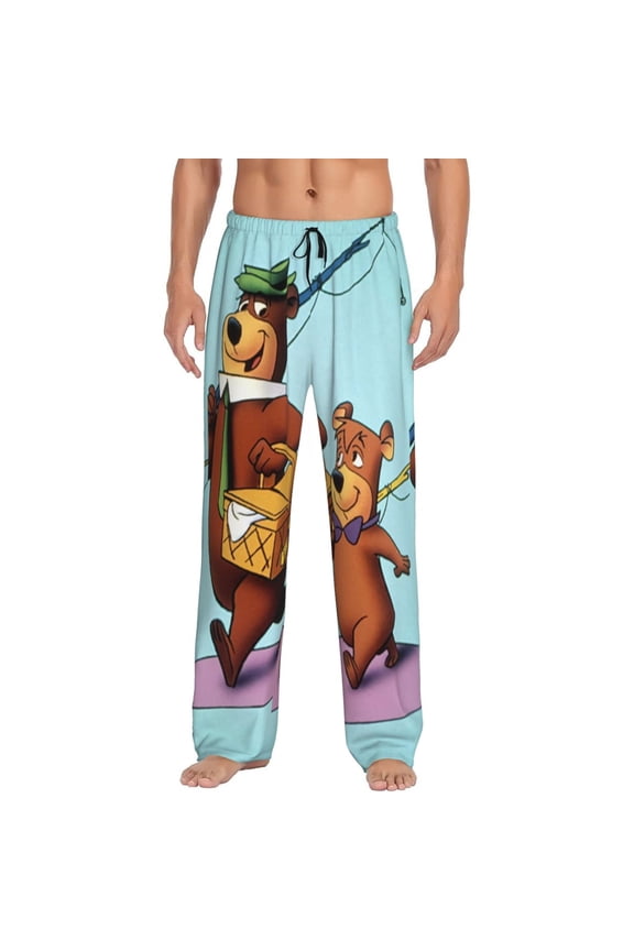 Yogi Bear Men's Pajama Pants Cartoon All Over Print Elastic Waistband Sleep Pants with Pockets Drawstring, Soft Unisex Lounge Bottoms Sleepwear