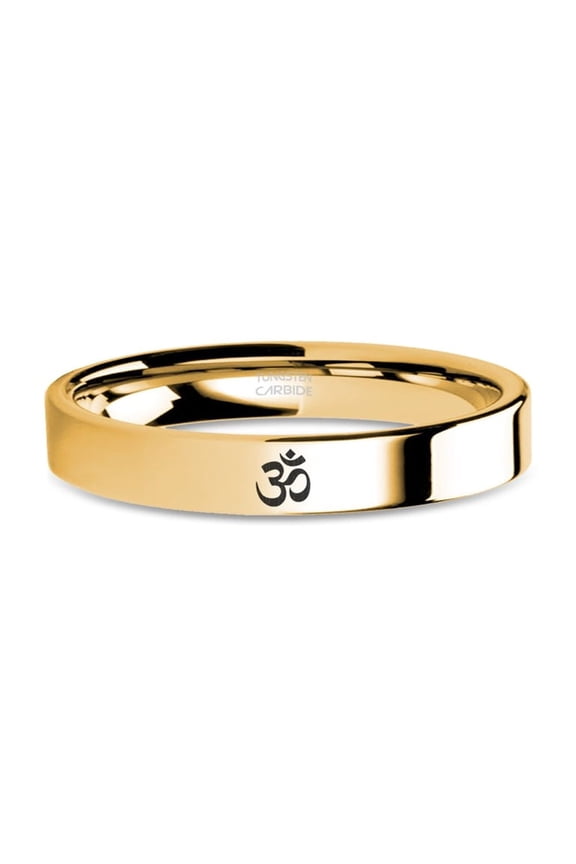 Yogi Om Aum Chant Icon Laser Engraved Yellow Gold Tungsten Ring, 4mm, Size 6.5
